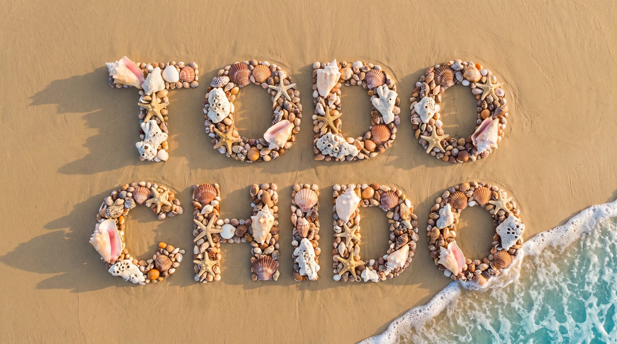 TODO CHIDO escrito con conchas y estrellas de mar sobre arena dorada